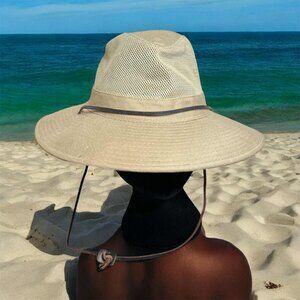 DORFMAN PACIFIC HEADWEAR OUTDOOR SAFARI STYLE MESH HAT TAN W/LEATHER STRAP MED